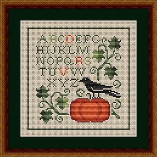 Stickvorlage Happiness Is Heartmade - Autumn Crow And Pumpkin