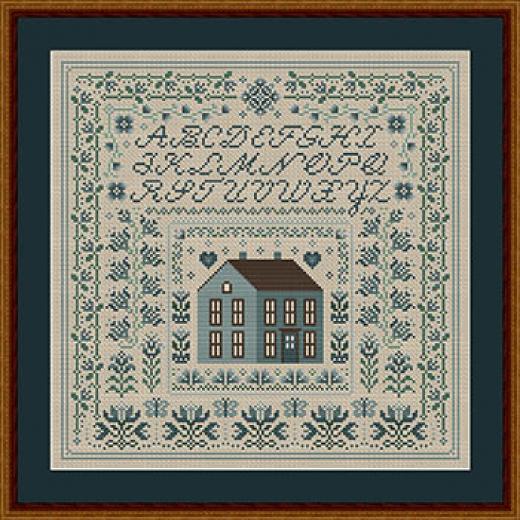 Stickvorlage Happiness Is Heartmade - Blue Hollyhock House Sampler