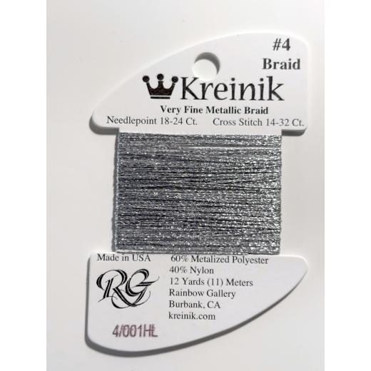 Kreinik Very Fine Braid #4 001HL – Silver High Lustre