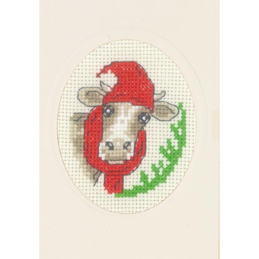Permin Stickpackung - Passepartoutkarte Kuh mit Weihnachtsmütze