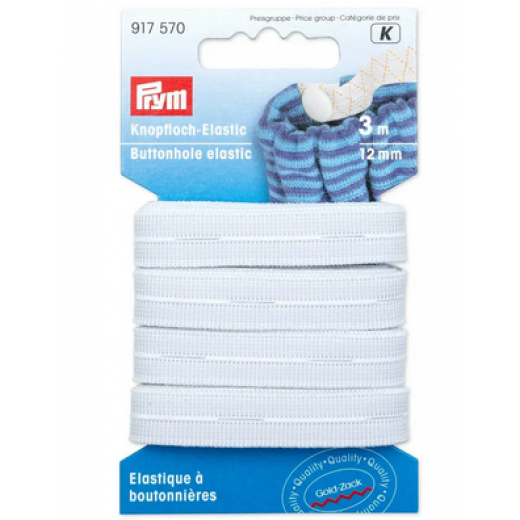 Knopfloch-Elastic 12 mm weiß - 3 m-Karte - Prym