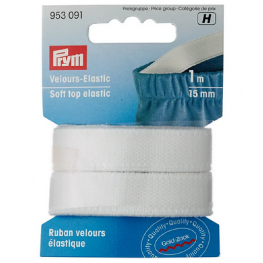 Velours-Elastic 15 mm weiß - 1 m-Karte - Prym