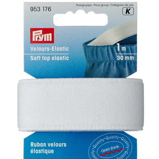 Velours-Elastic 30 mm weiß - 1 m-Karte - Prym