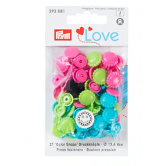 Nähfrei-Druckknöpfe Ø 13,6 mm Color Snaps Blume grün/pink/türkis - Prym